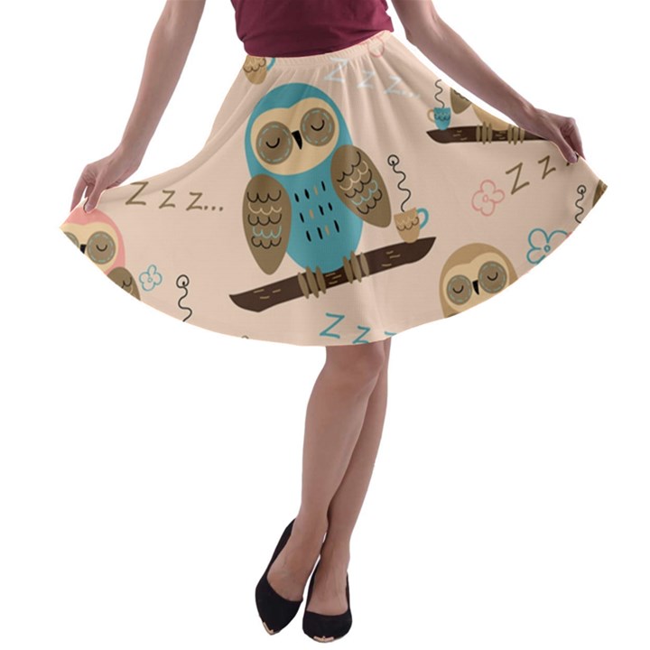 Seamless-pattern-owls-dream-cute-style-pajama-fabric A-line Skater Skirt