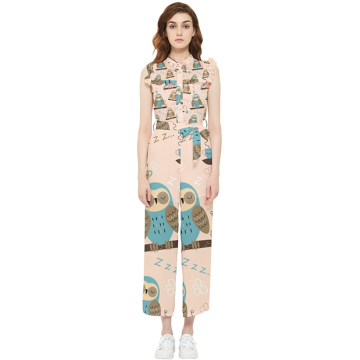 Seamless-pattern-owls-dream-cute-style-pajama-fabric Women s Frill Top Chiffon Jumpsuit