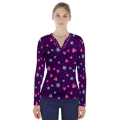 Colorful-stars-hearts-seamless-vector-pattern V-neck Long Sleeve Top by pakminggu