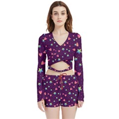 Colorful-stars-hearts-seamless-vector-pattern Velvet Wrap Crop Top And Shorts Set by pakminggu