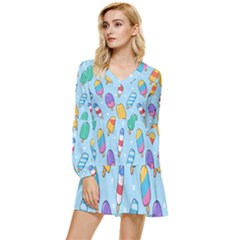 Cute-kawaii-ice-cream-seamless-pattern Tiered Long Sleeve Mini Dress by pakminggu