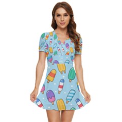 Cute-kawaii-ice-cream-seamless-pattern V-neck High Waist Chiffon Mini Dress