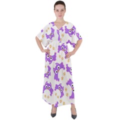 Purple-owl-pattern-background V-neck Boho Style Maxi Dress by pakminggu