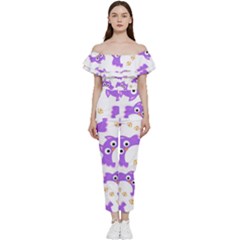 Purple-owl-pattern-background Bardot Ruffle Jumpsuit by pakminggu