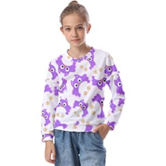 Purple-owl-pattern-background Kids  Long Sleeve Tee With Frill 