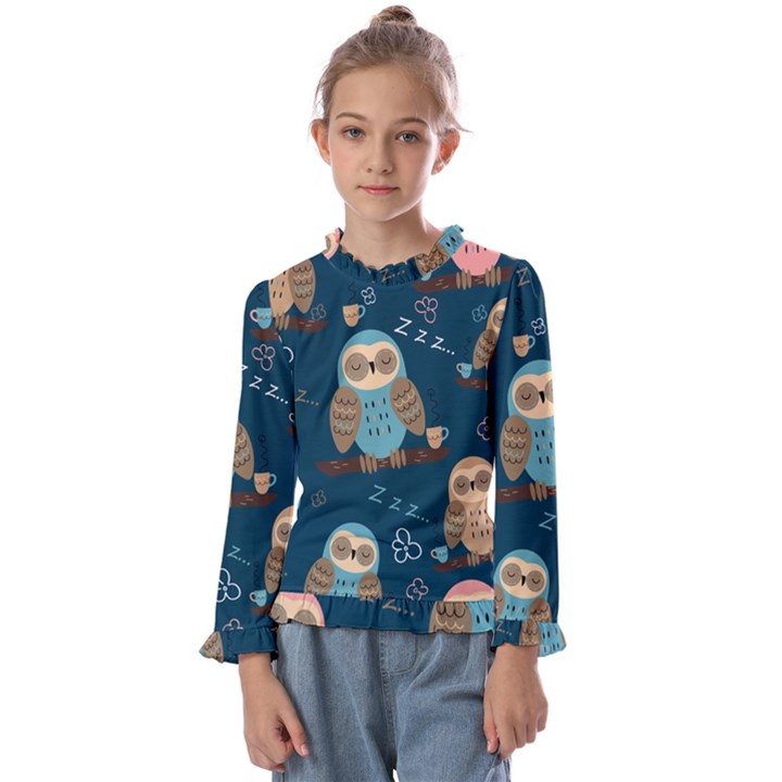 Seamless-pattern-owls-dreaming Kids  Frill Detail Tee