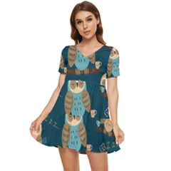 Seamless-pattern-owls-dreaming Tiered Short Sleeve Babydoll Dress by pakminggu