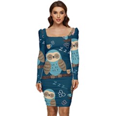 Seamless-pattern-owls-dreaming Women Long Sleeve Ruched Stretch Jersey Dress by pakminggu