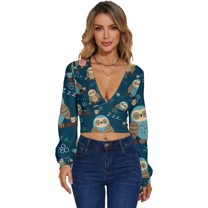 Seamless-pattern-owls-dreaming Long Sleeve Deep-V Velour Top