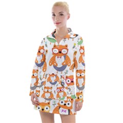 Cute-colorful-owl-cartoon-seamless-pattern Women s Long Sleeve Casual Dress by pakminggu