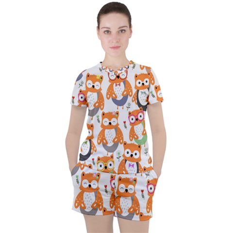 Cute-colorful-owl-cartoon-seamless-pattern Women s Tee And Shorts Set by pakminggu