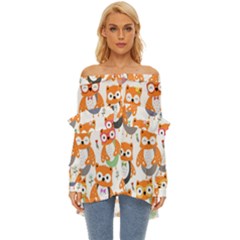 Cute-colorful-owl-cartoon-seamless-pattern Off Shoulder Chiffon Pocket Shirt by pakminggu