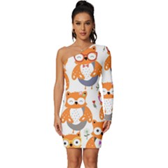 Cute-colorful-owl-cartoon-seamless-pattern Long Sleeve One Shoulder Mini Dress by pakminggu