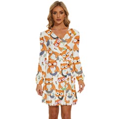 Cute-colorful-owl-cartoon-seamless-pattern Long Sleeve Waist Tie Ruffle Velvet Dress by pakminggu