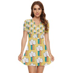 Smile-cloud-rainbow-pattern-yellow V-neck High Waist Chiffon Mini Dress by pakminggu