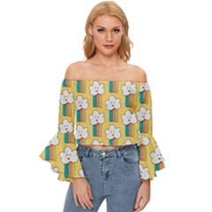 Smile-cloud-rainbow-pattern-yellow Off Shoulder Flutter Bell Sleeve Top by pakminggu