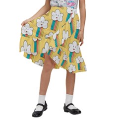 Smile-cloud-rainbow-pattern-yellow Kids  Ruffle Flared Wrap Midi Skirt by pakminggu