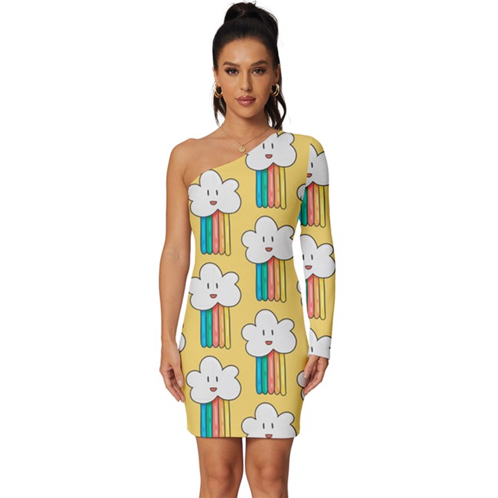 Smile-cloud-rainbow-pattern-yellow Long Sleeve One Shoulder Mini Dress