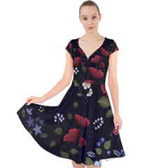 Floral-folk-fashion-ornamental-embroidery-pattern Cap Sleeve Front Wrap Midi Dress by pakminggu