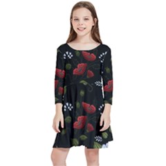 Floral-folk-fashion-ornamental-embroidery-pattern Kids  Quarter Sleeve Skater Dress