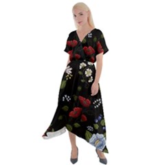 Floral-folk-fashion-ornamental-embroidery-pattern Cross Front Sharkbite Hem Maxi Dress by pakminggu