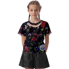 Floral-folk-fashion-ornamental-embroidery-pattern Kids  Front Cut Tee by pakminggu