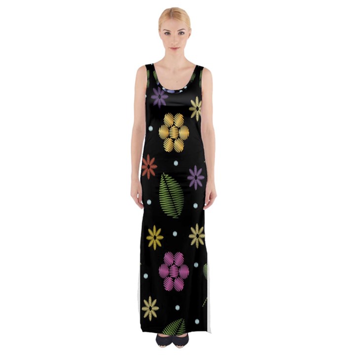 Embroidery-seamless-pattern-with-flowers Thigh Split Maxi Dress