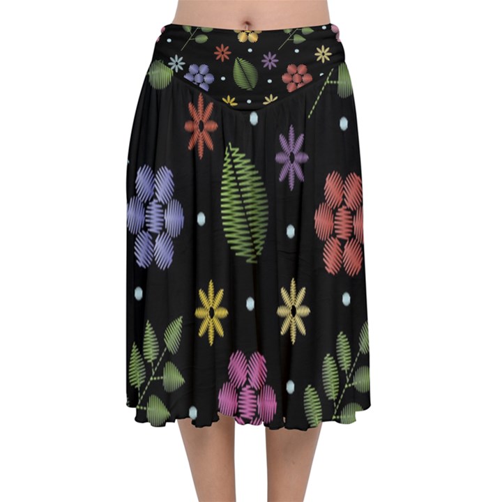 Embroidery-seamless-pattern-with-flowers Velvet Flared Midi Skirt