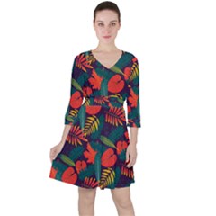 Leaves Pattern Seamless Quarter Sleeve Ruffle Waist Dress by Ravend