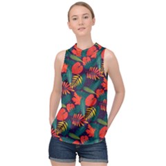 Leaves Pattern Seamless High Neck Satin Top