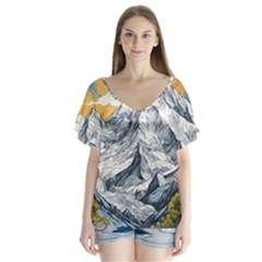 Nature Mountains Landscape Forest V-neck Flutter Sleeve Top by Ravend