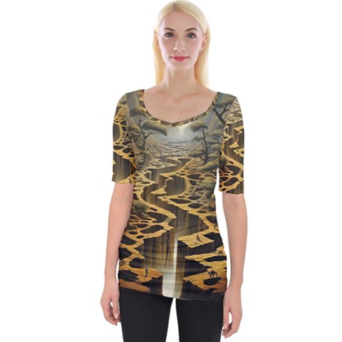 Landscape Mountains Forest Trees Nature Wide Neckline T-shirt by Ravend