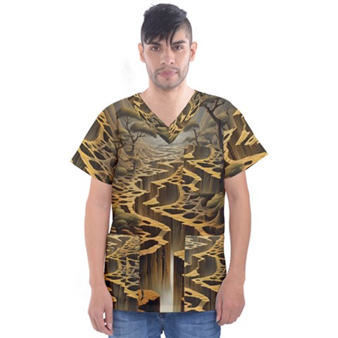 Landscape Mountains Forest Trees Nature Men s V-neck Scrub Top by Ravend