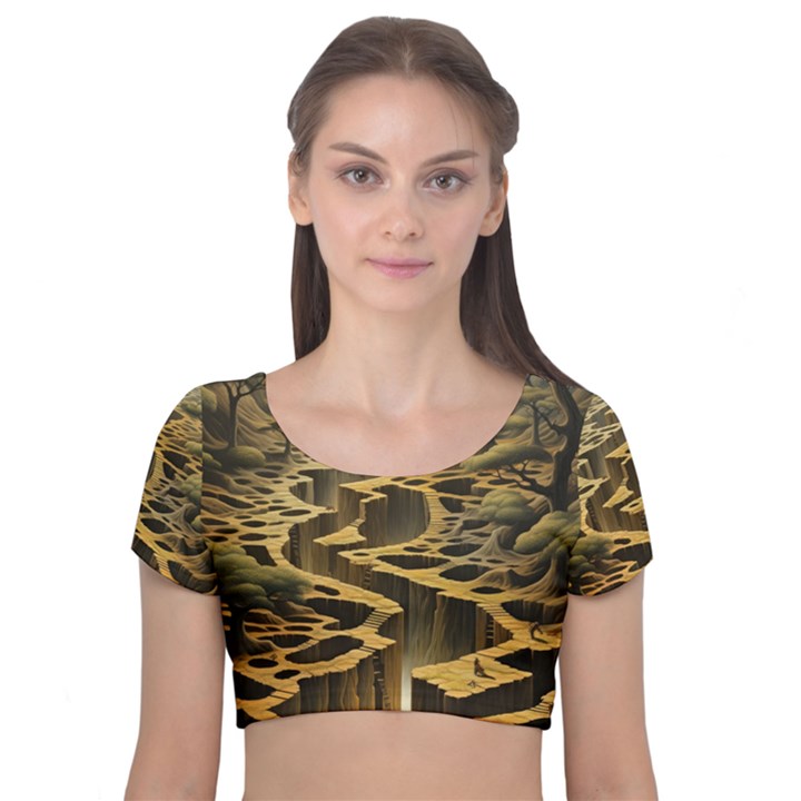 Landscape Mountains Forest Trees Nature Velvet Short Sleeve Crop Top 