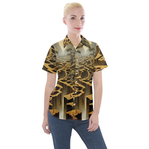 Landscape Mountains Forest Trees Nature Women s Short Sleeve Pocket Shirt by Ravend