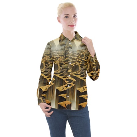 Landscape Mountains Forest Trees Nature Women s Long Sleeve Pocket Shirt by Ravend