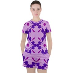 Pink And Purple Flowers Pattern Women s T-shirt And Shorts Set