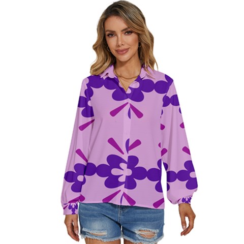 Pink And Purple Flowers Pattern Women s Long Sleeve Button Up Shirt by shoopshirt