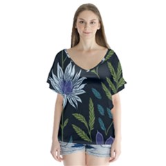 Abstract Floral- Ultra-stead Pantone Fabric V-neck Flutter Sleeve Top by shoopshirt