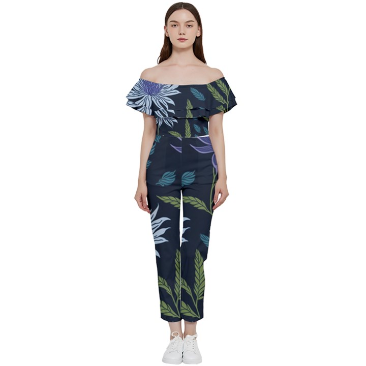 Abstract Floral- Ultra-stead Pantone Fabric Bardot Ruffle jumpsuit