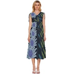 Abstract Floral- Ultra-stead Pantone Fabric V-neck Drawstring Shoulder Sleeveless Maxi Dress