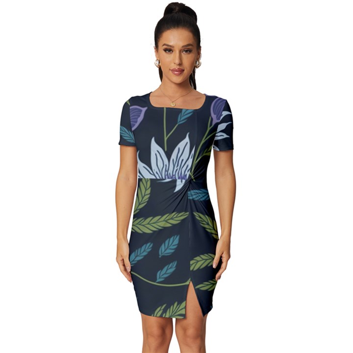 Abstract Floral- Ultra-stead Pantone Fabric Fitted Knot Split End Bodycon Dress