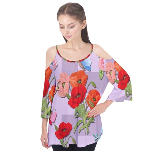 Seamless Pattern With Roses And Butterflies Flutter Sleeve T-shirt  by shoopshirt