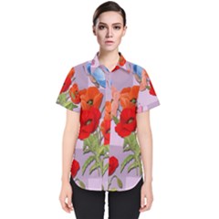 Seamless Pattern With Roses And Butterflies Women s Short Sleeve Shirt