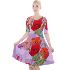 Seamless Pattern With Roses And Butterflies Quarter Sleeve A-line Dress