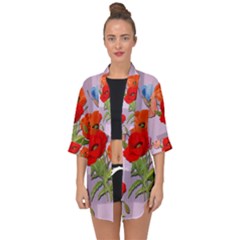 Seamless Pattern With Roses And Butterflies Open Front Chiffon Kimono