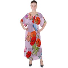 Seamless Pattern With Roses And Butterflies V-neck Boho Style Maxi Dress