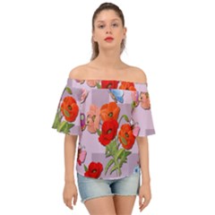 Seamless Pattern With Roses And Butterflies Off Shoulder Short Sleeve Top