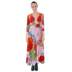 Seamless Pattern With Roses And Butterflies Button Up Maxi Dress by shoopshirt