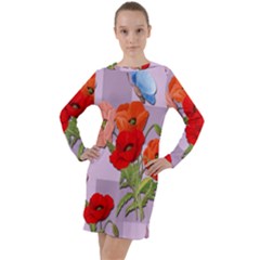 Seamless Pattern With Roses And Butterflies Long Sleeve Hoodie Dress by shoopshirt